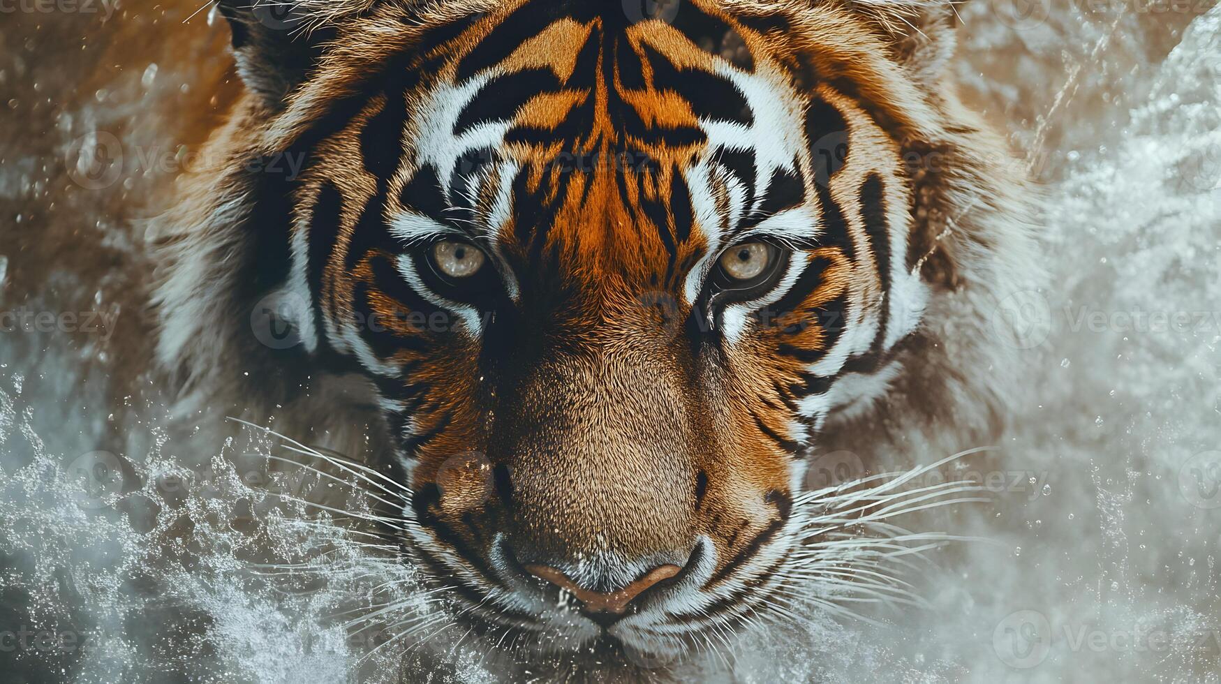 Immersive Encounter A Bengal Tiger's Gaze Amidst Splashing Water A Striking Wildlife Portrait photo