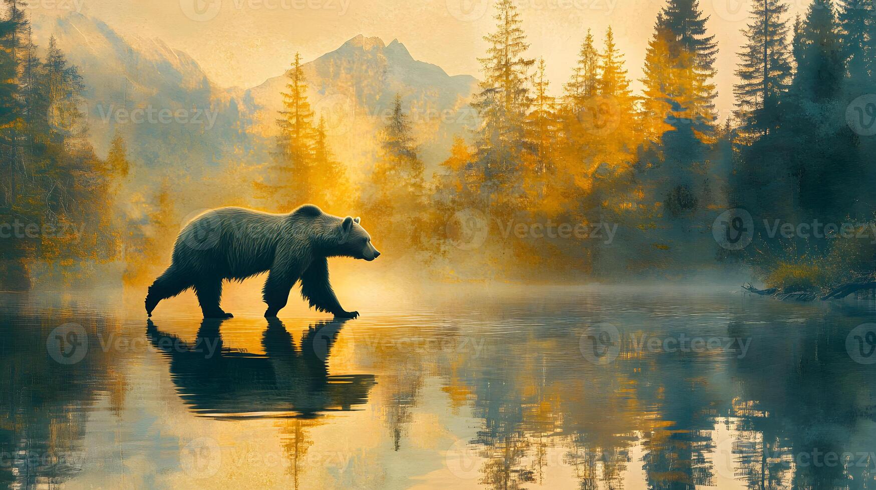 Majestic bear crossing tranquil lake amidst misty forest, a serene wildlife moment captured photo
