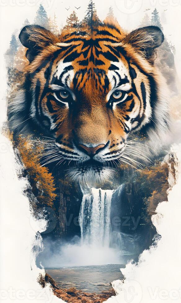 A Majestic Tiger Embedded within a Lush Forest and Waterfall Scenery, a Wild Fusion photo