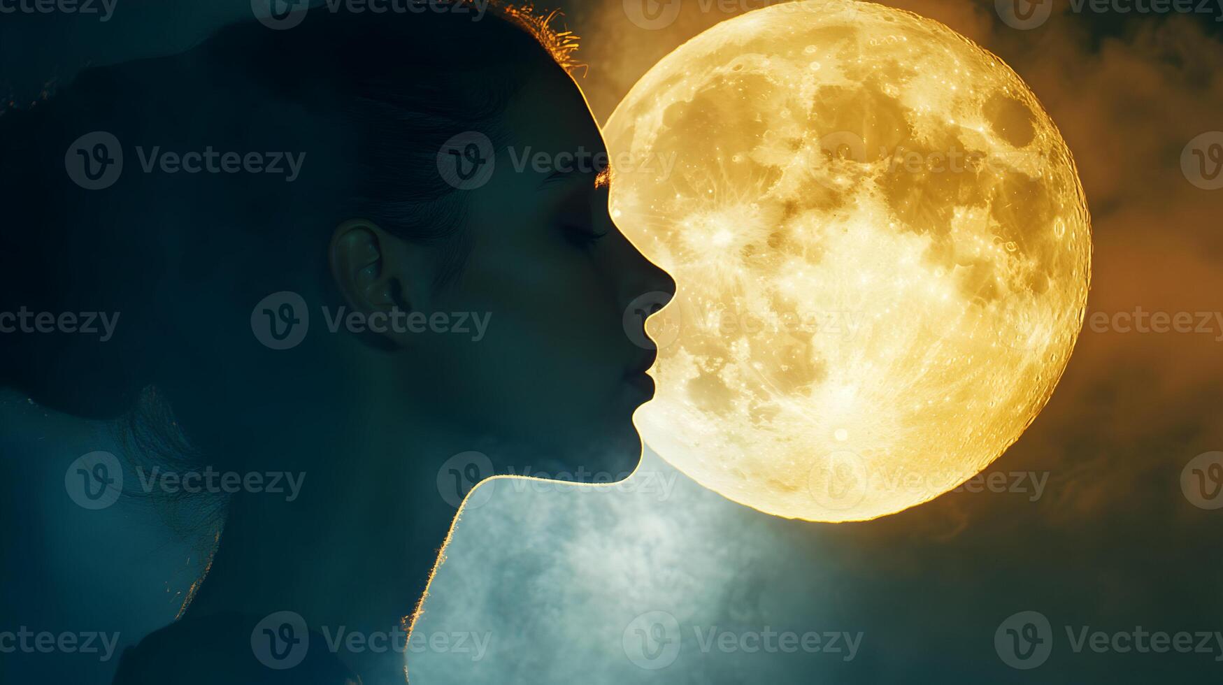 Silhouette harmony ethereal celestial beauty of a woman with the radiant moon in twilight photo