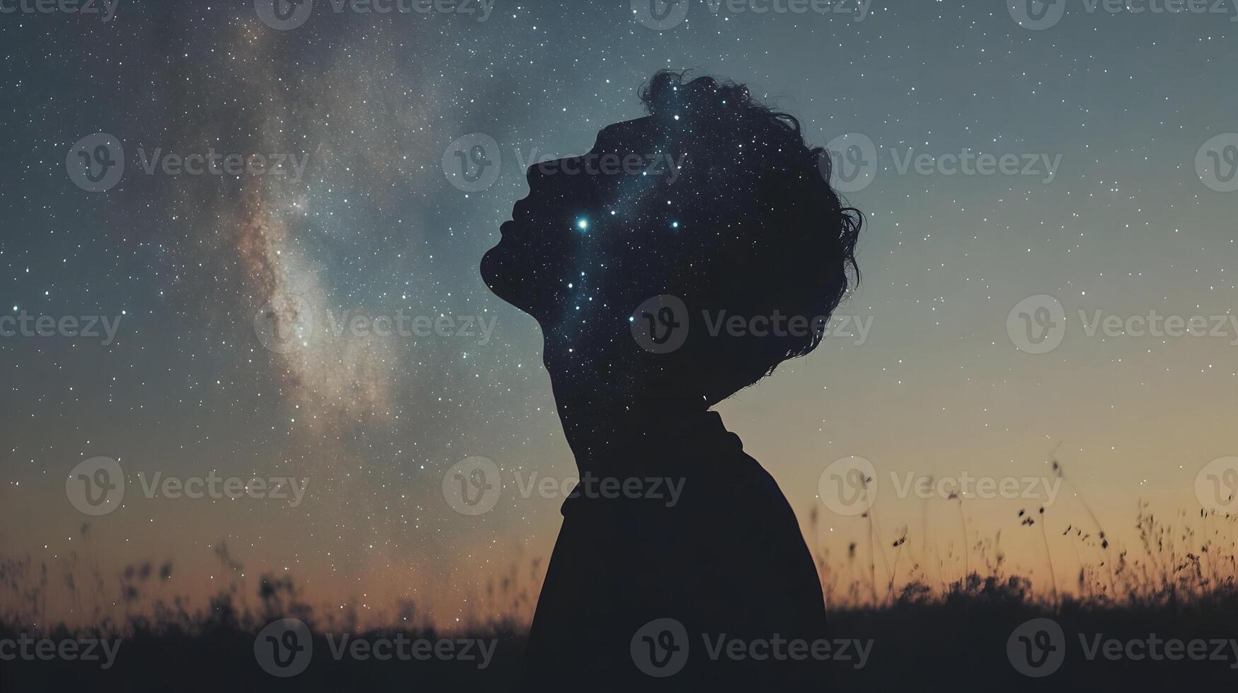 Celestial thoughts inspiration Silhouette of a person with stars inside the head photo