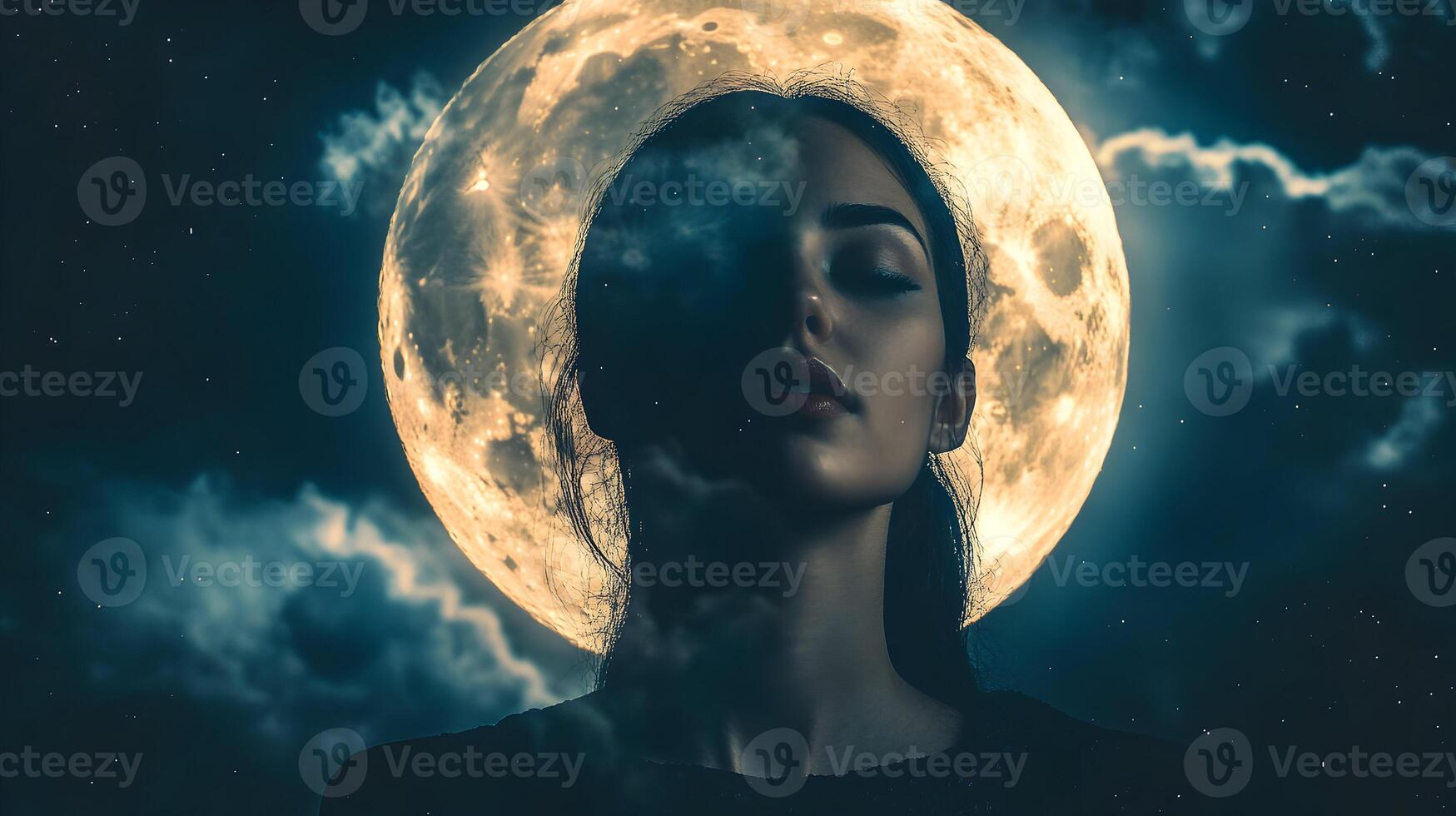 Lunar serenity a dreamlike portrait of a woman bathed in ethereal moonlight embrace photo