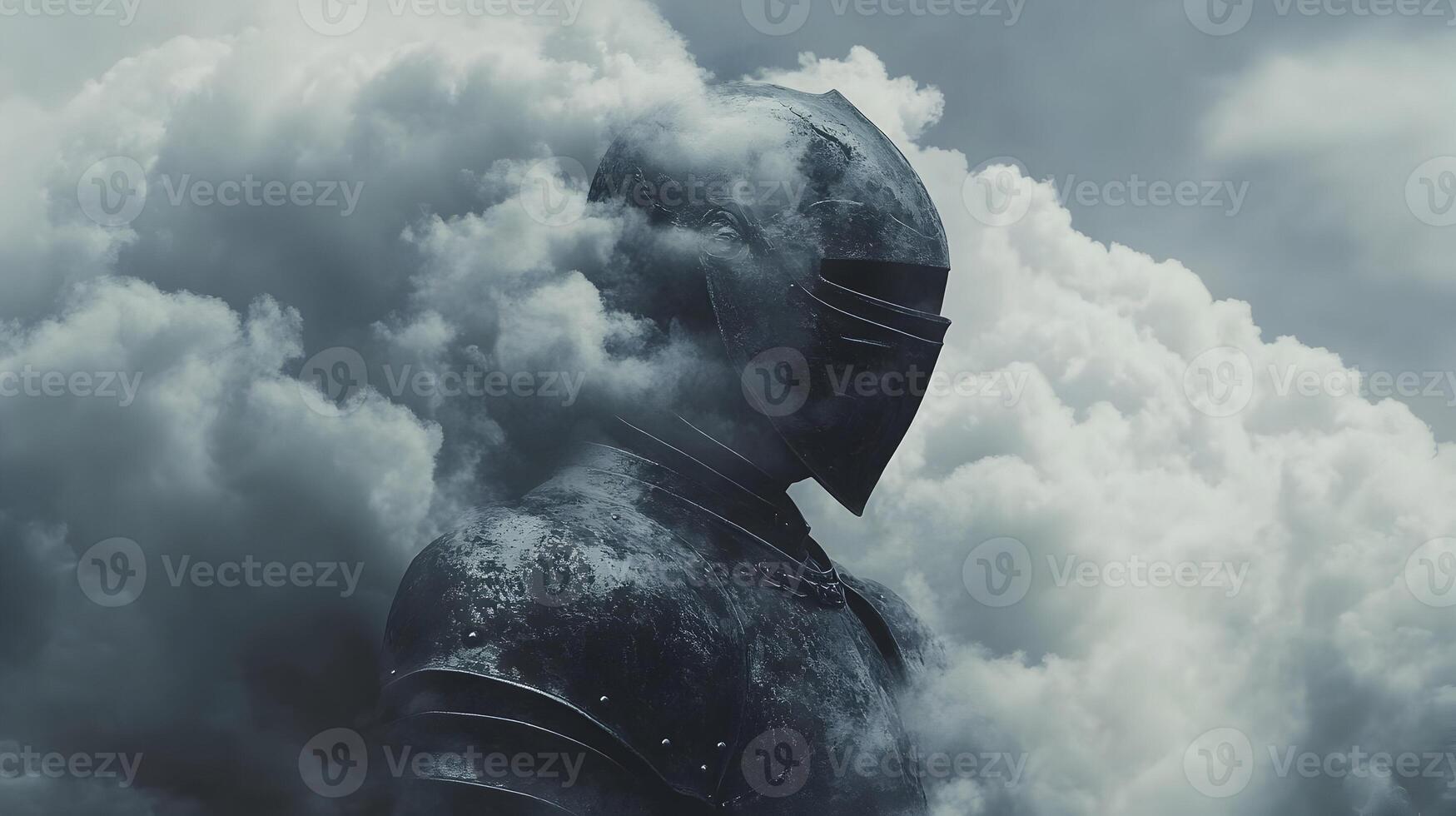 Knight engulfed in ethereal mists, medieval armor floating in the ethereal sky atmosphere photo