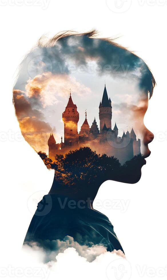 Young mind filled with dreams, a castle silhouette blended within his thoughtful profile view photo