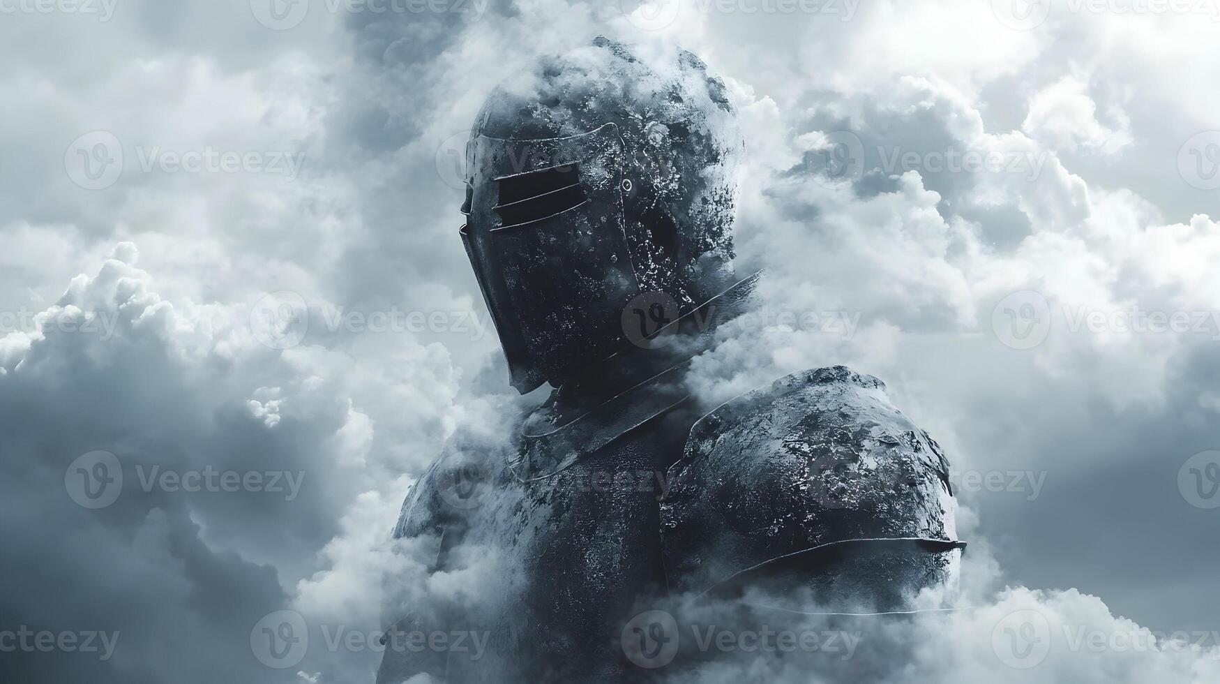 Ethereal knight Mystical armored figure shrouded in a vaporous atmosphere of light, fluffy clouds photo