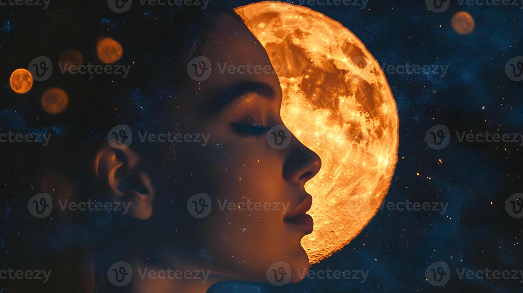 Ethereal glow a cosmic dreamscape featuring woman's face bathed in celestial moonlight. photo