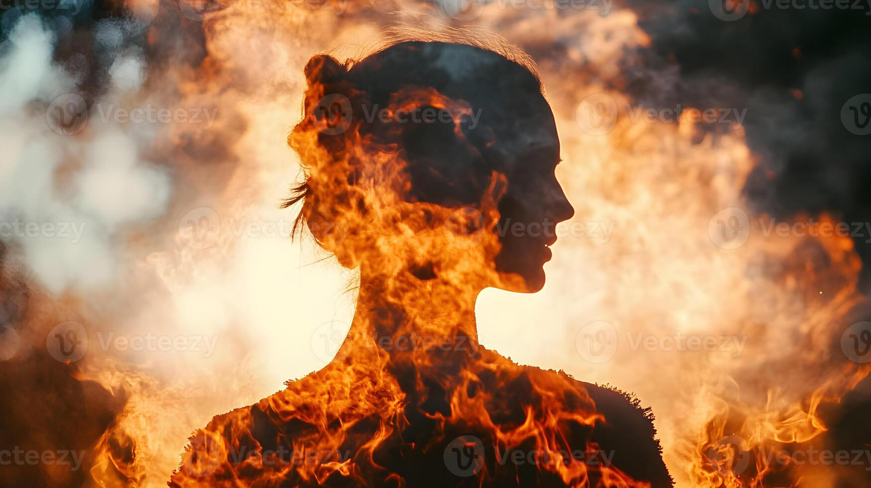 Silhouette of a woman engulfed in fiery patterns expressing strength, emotion and passion photo