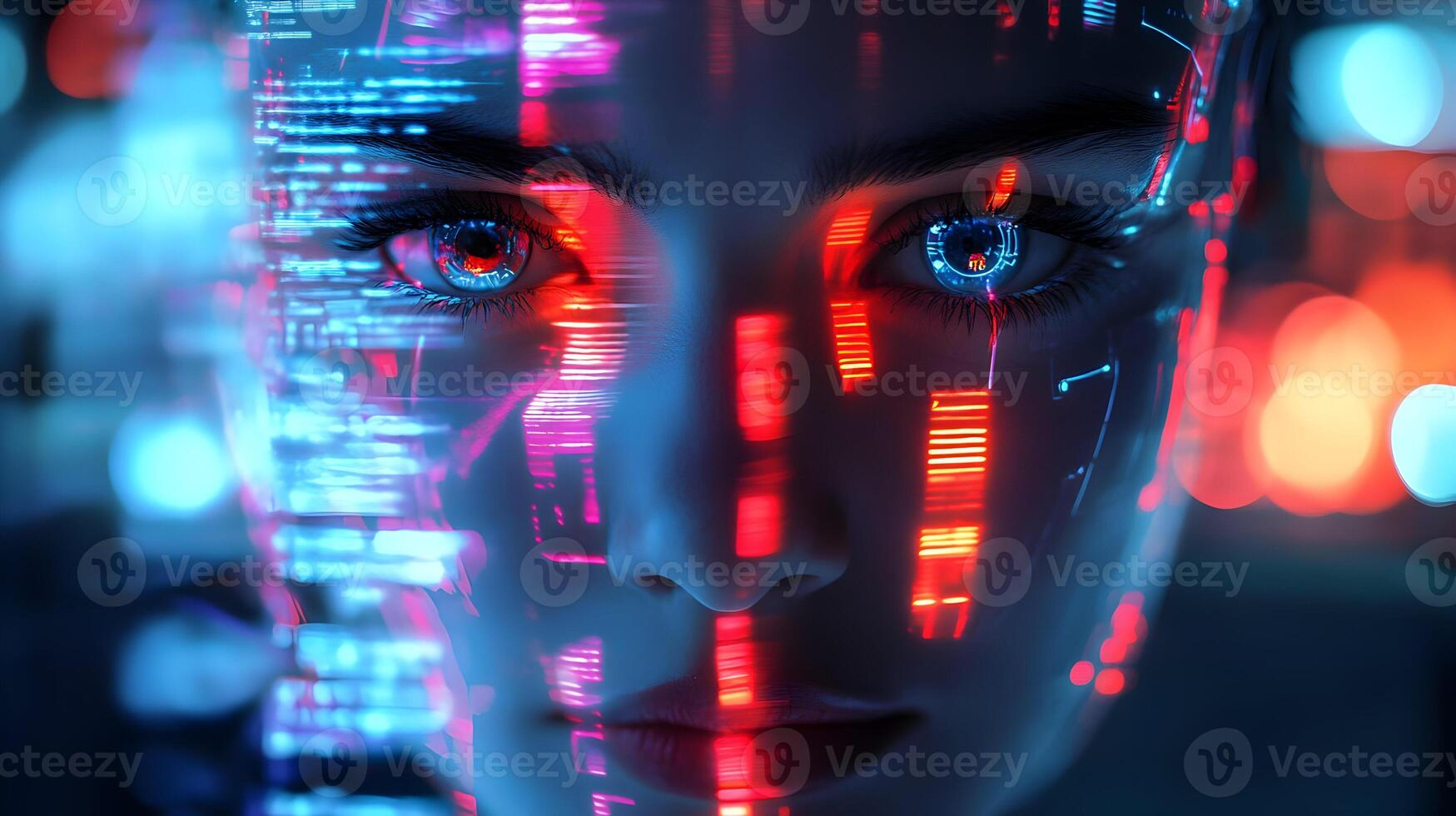 Abstract digital human face with futuristic data streams concept illustration photo