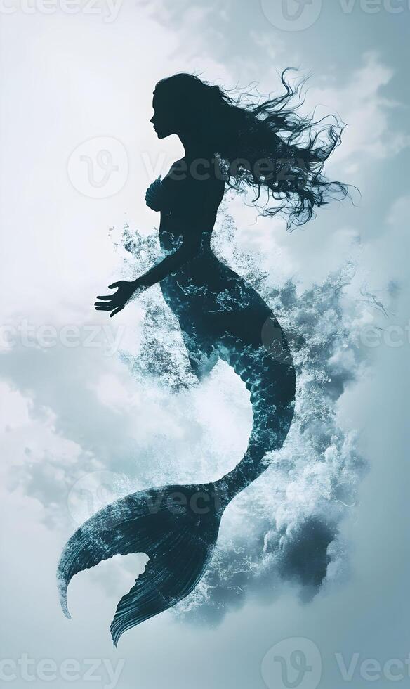 Mystical silhouette of a mermaid with flowing hair in a sea of clouds, enchanting view photo