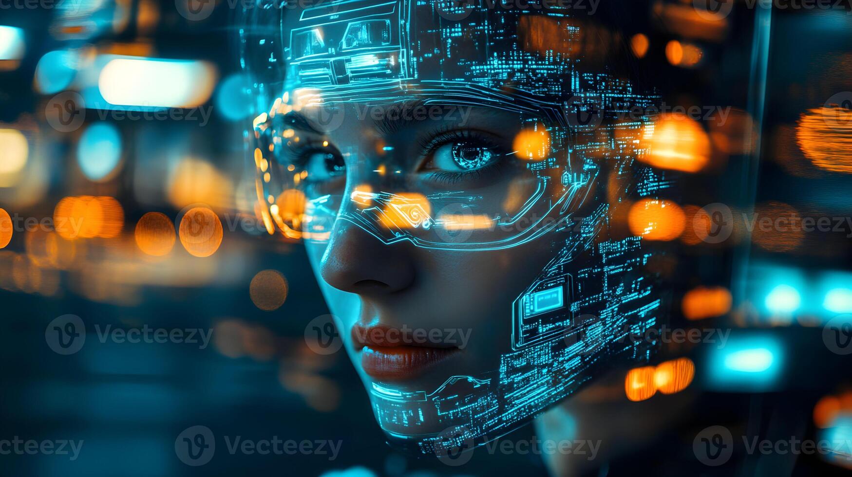 Futuristic vision of a woman augmented with digital technology interface and circuit patterns. photo