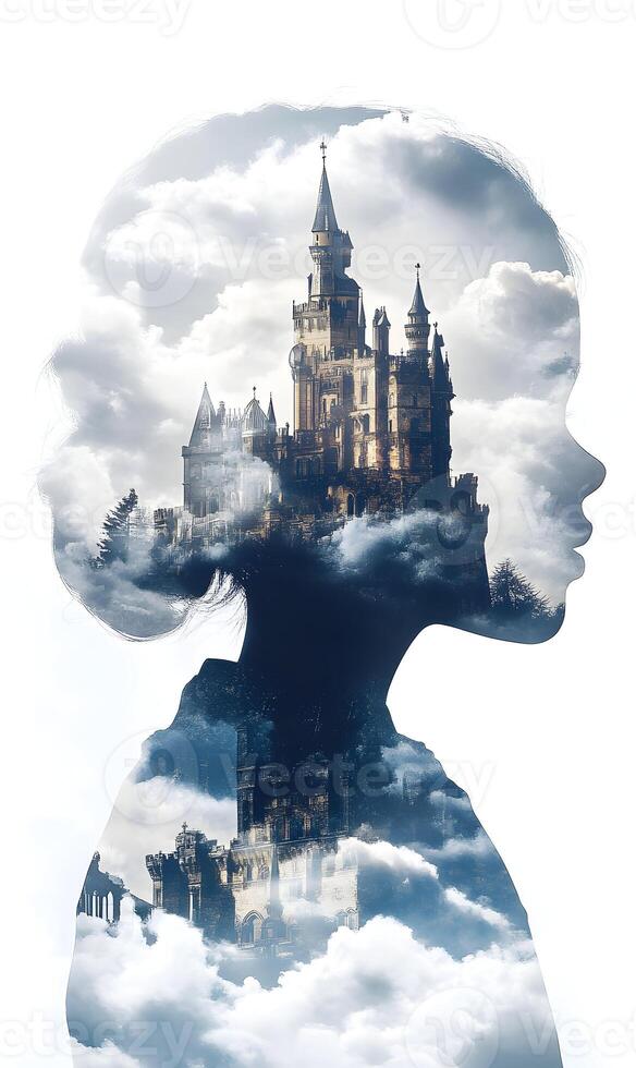 Whimsical Fusion Lady Portrait Silhouette Merged with Majestic Castle amidst Airy Clouds photo