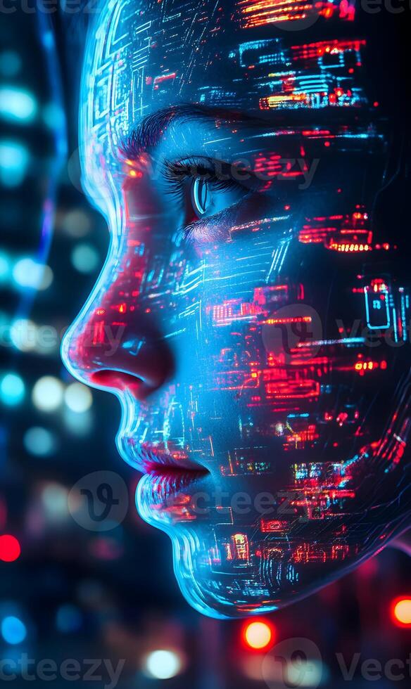 Human digital portrait featuring glowing neon circuits on a translucent digital face form photo