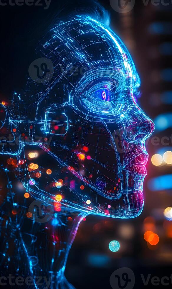 Futuristic human profile with digital circuitry, representing ai and next generation tech photo