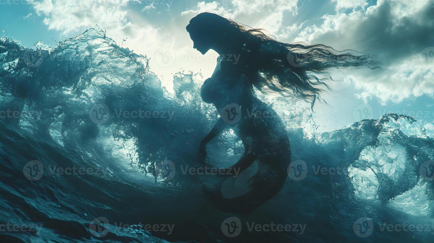 Mystical mermaid riding a wave beneath a sky filled with clouds and diffused light photo