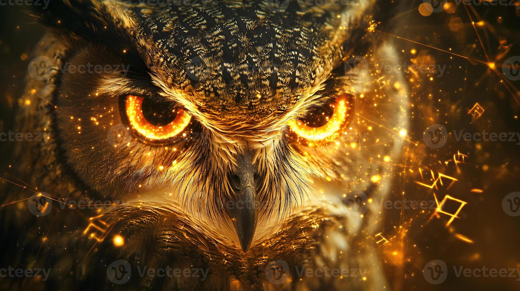 Mystic owl portrait with glowing eyes and abstract shapes adding a magical atmosphere photo