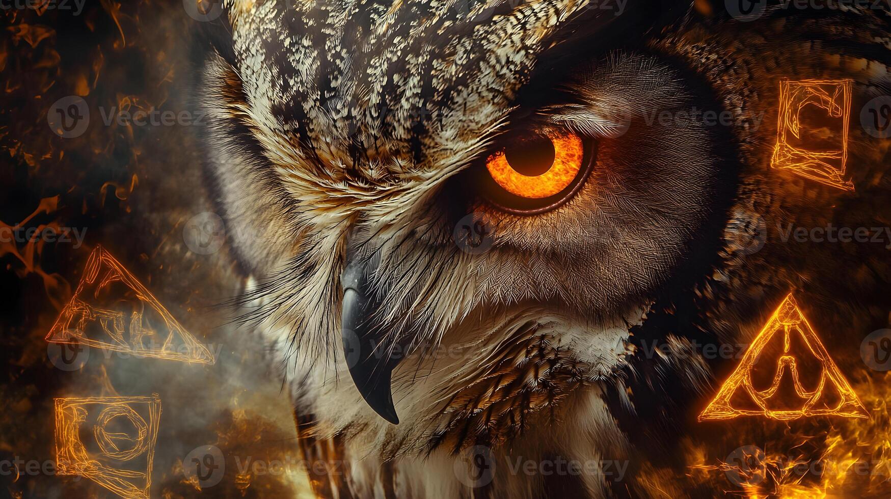 Mystical gaze a majestic owl with fiery eyes against a backdrop of glowing symbols design photo