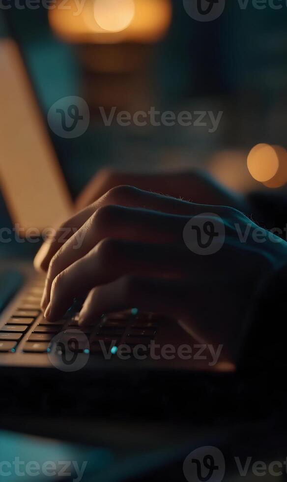 Human hands typing on a laptop keyboard in a dimly lit workspace, focus on creative work photo