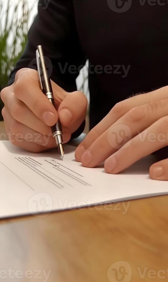 Detailed focused on a professional man hands signing official documents with precision and elegance photo