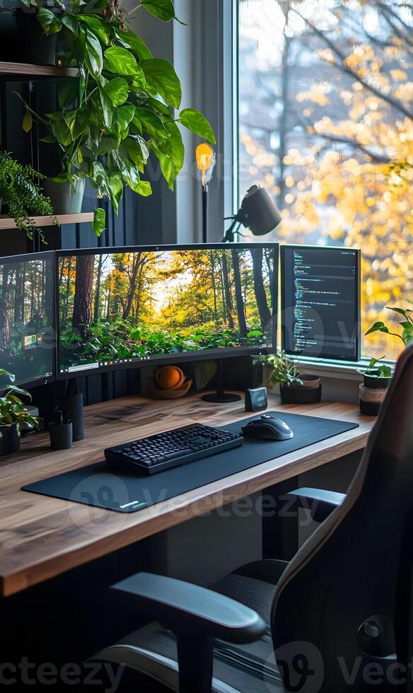 Calm workspace setup with plants and autumn view for focused productivity and wellbeing photo