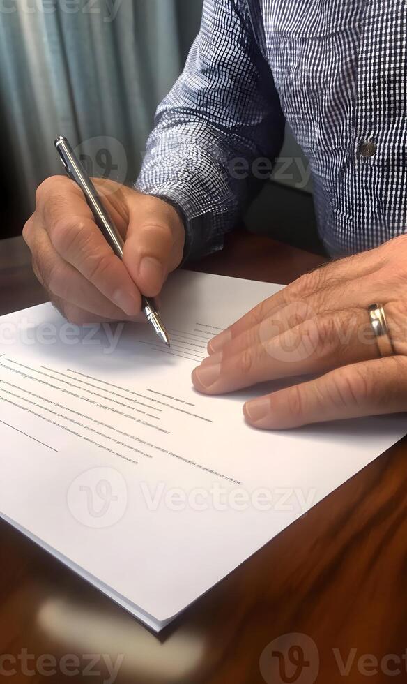 Close up capture of hand signing a document with a sleek pen on a wooden table photo