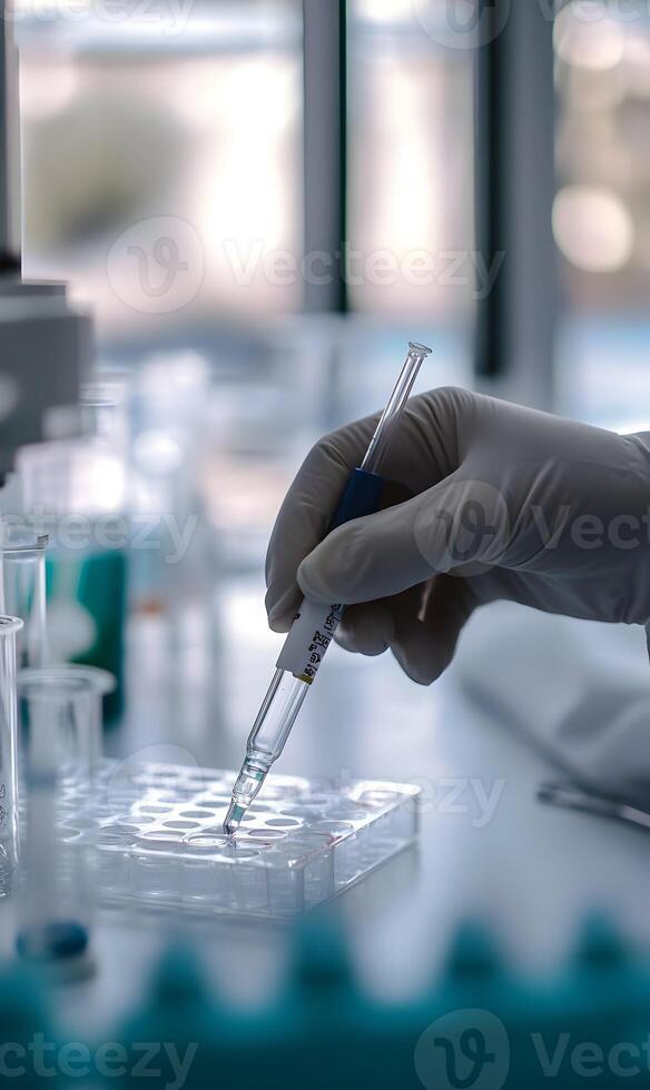 Precise Inoculation Research Process, Doctor Hand in Glove Using Micro pipette in Lab photo
