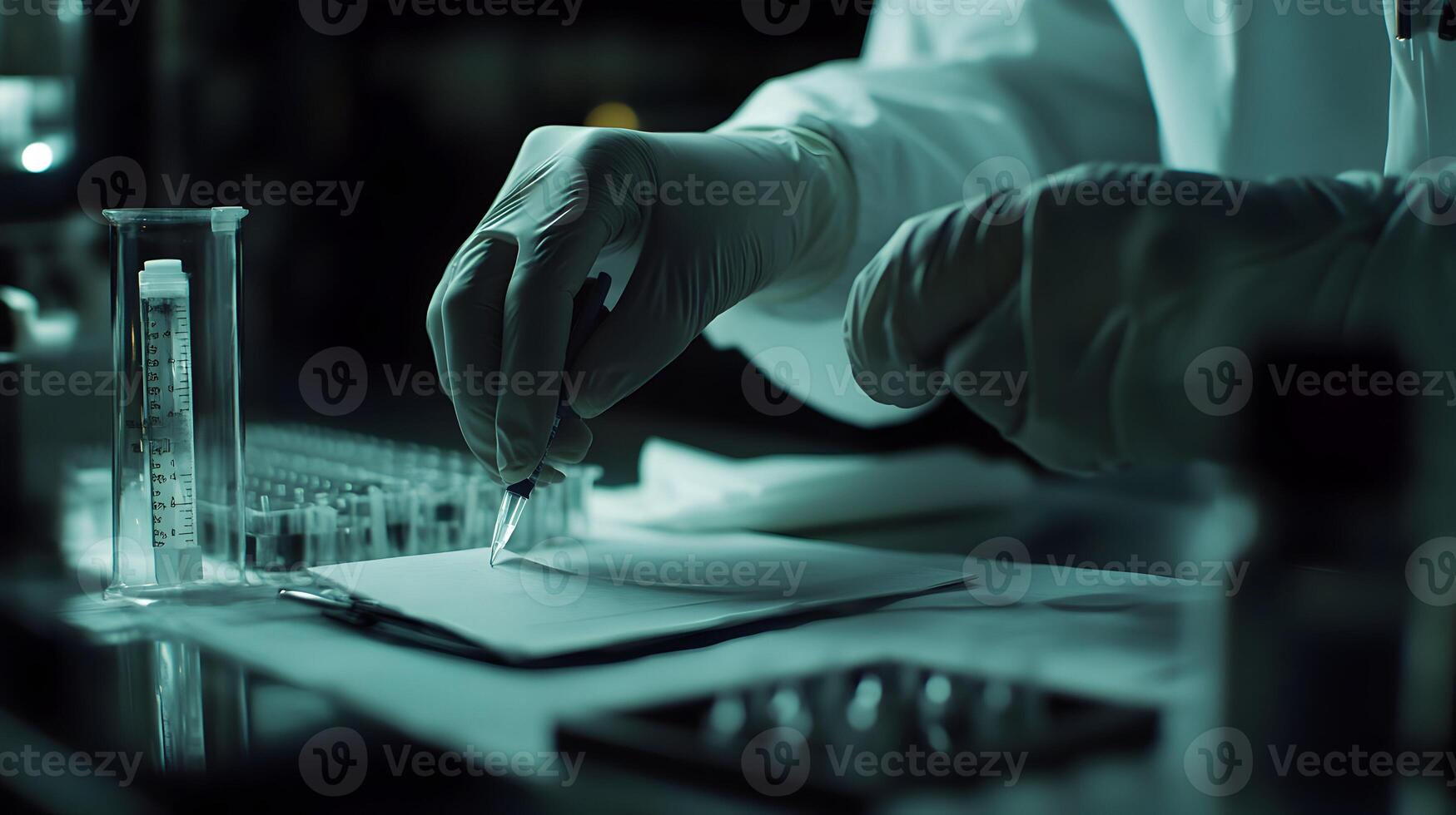 Expert meticulously documents experiment findings in the sterile lab setting, ensuring accuracy photo
