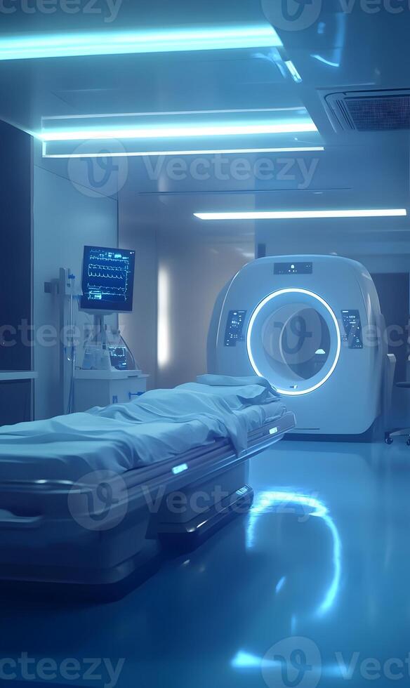 Advanced medical imaging suite showcasing a modern ct scanner and patient examination table photo