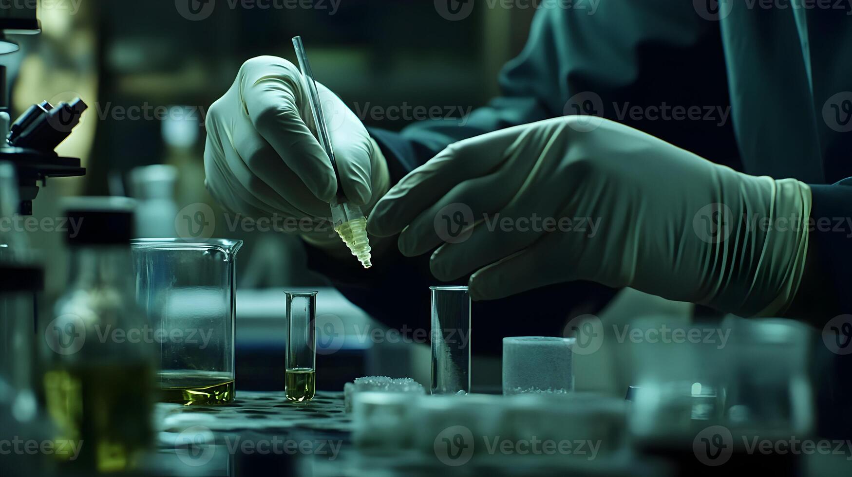 Examining a vial in laboratory setting, showcasing precise analysis and scientific processes photo