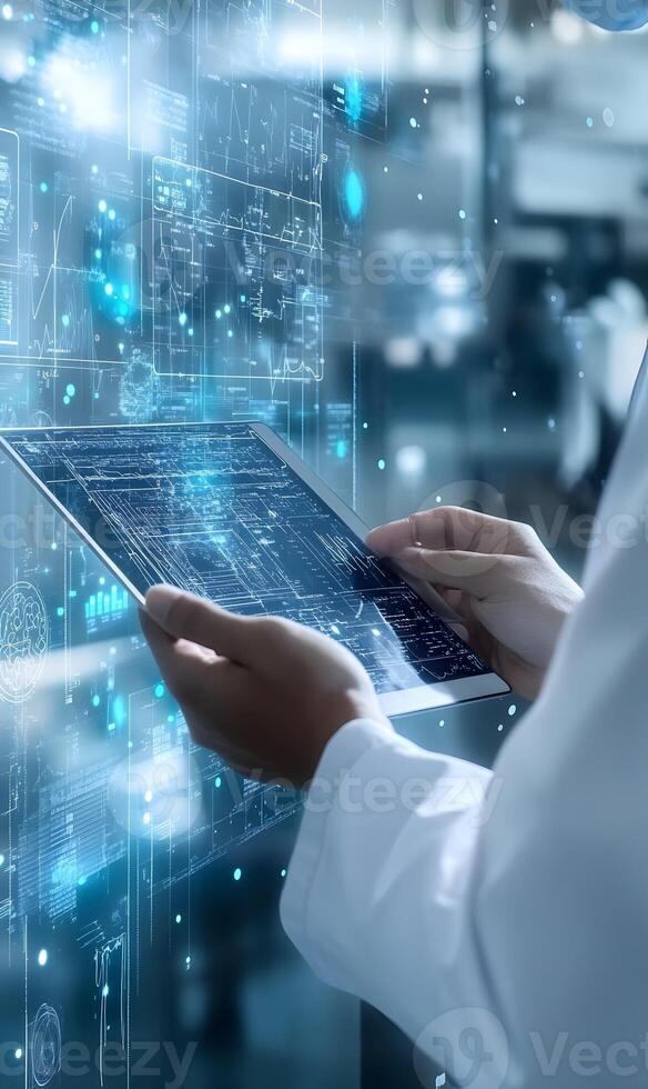 Advanced technology at hand, researcher using a digital tablet, modern interface data. photo