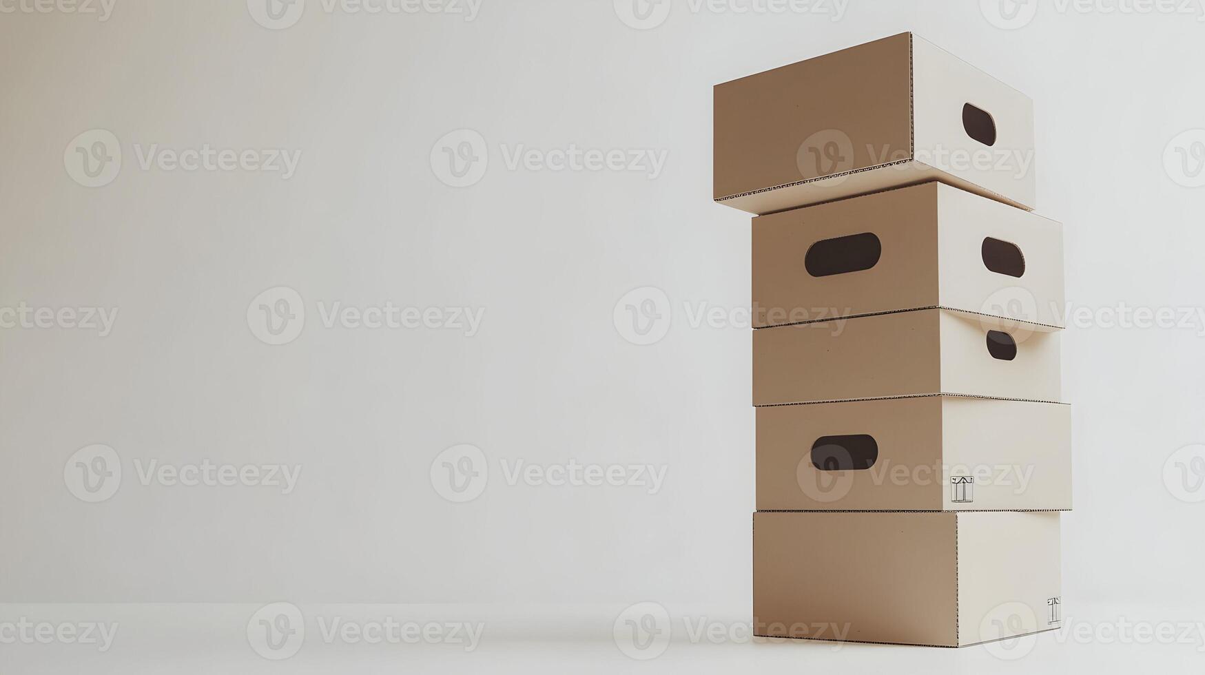 Balanced stack of five rectangular cardboard boxes, delivery and packaging theme, beige backdrop. photo