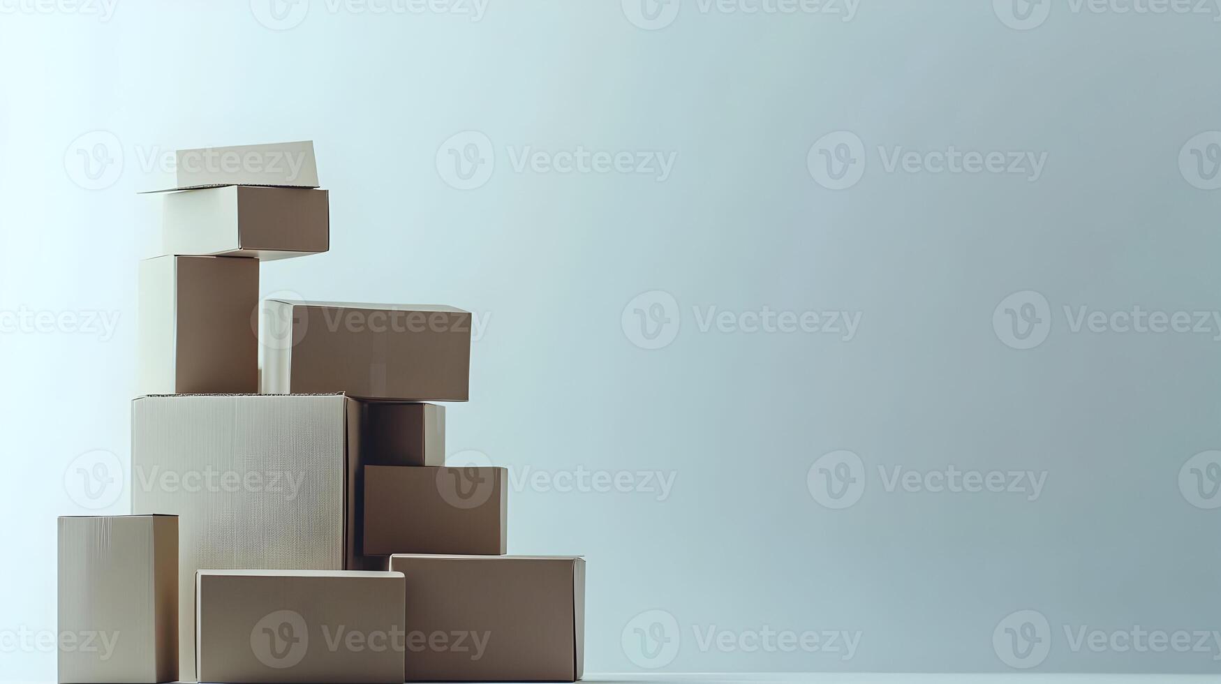 Stacked cardboard boxes ready for transport, relocation or storage against blank background photo