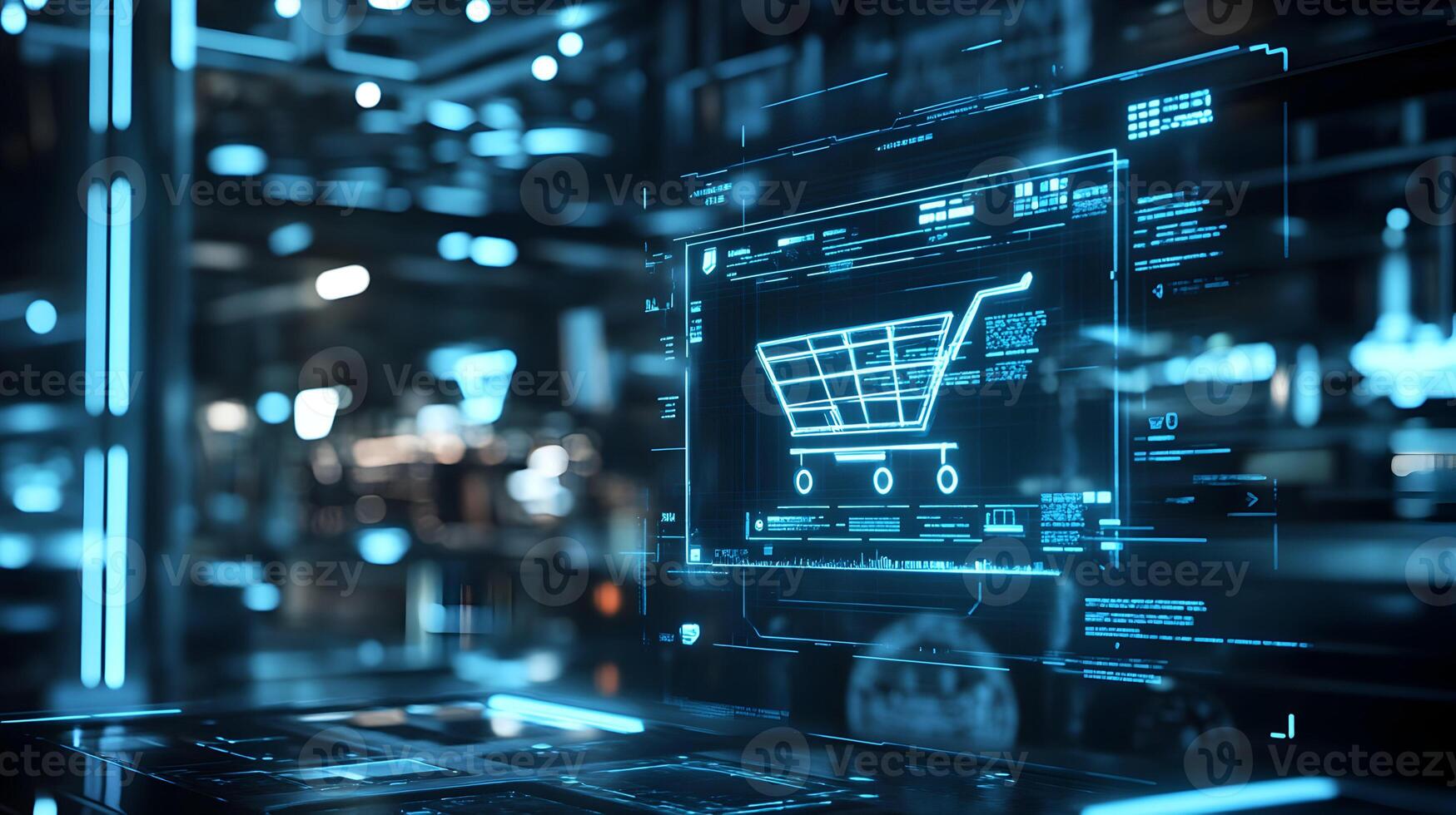 Futuristic Digital Interface Displaying Online Shopping Cart for e-commerce Transactions photo