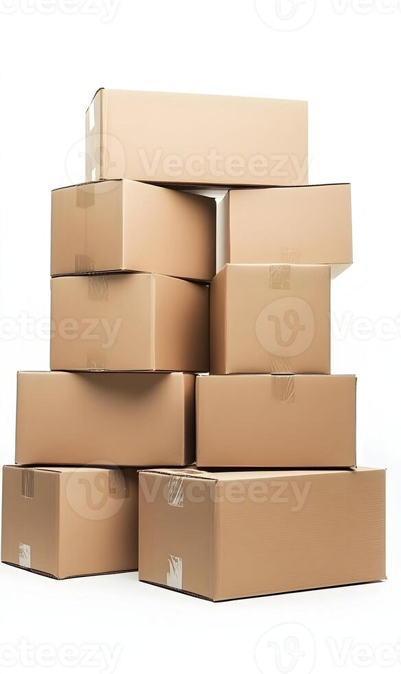 Stack of corrugated cardboard boxes isolated on white, prepared for transportation photo