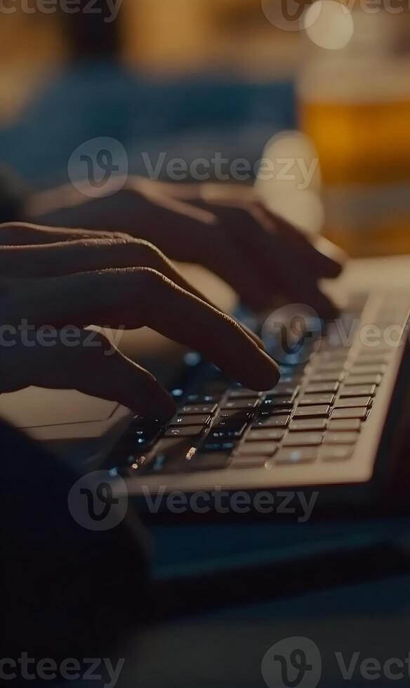 Hands typing on glowing keyboard, close-up capture of focused work on a modern laptop photo