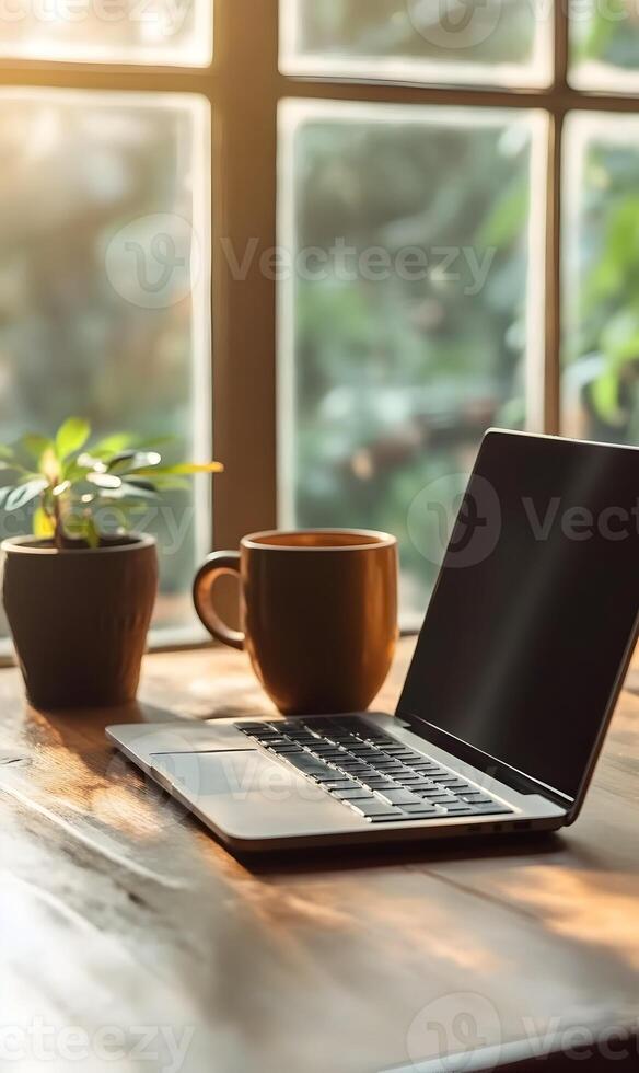Serene workspace featuring laptop, mug, and plant arranged by the sunlit window frame photo
