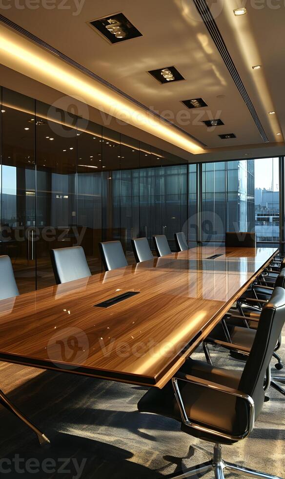 Sleek boardroom with wood table and leather chairs providing an impression of success photo