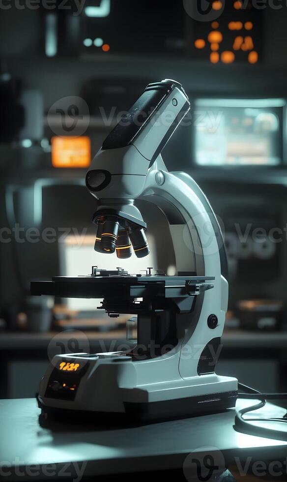 Sophisticated laboratory microscope with cutting edge digital display and optics setup photo