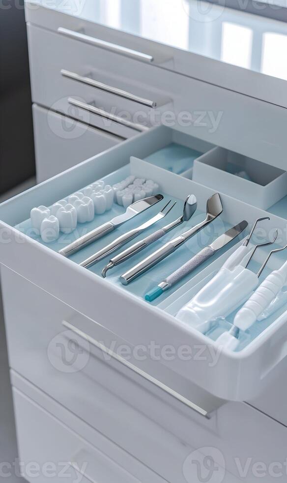 Organized Dental Tools in an Open White Drawer, Ready for Precision and Delicate Treatment photo