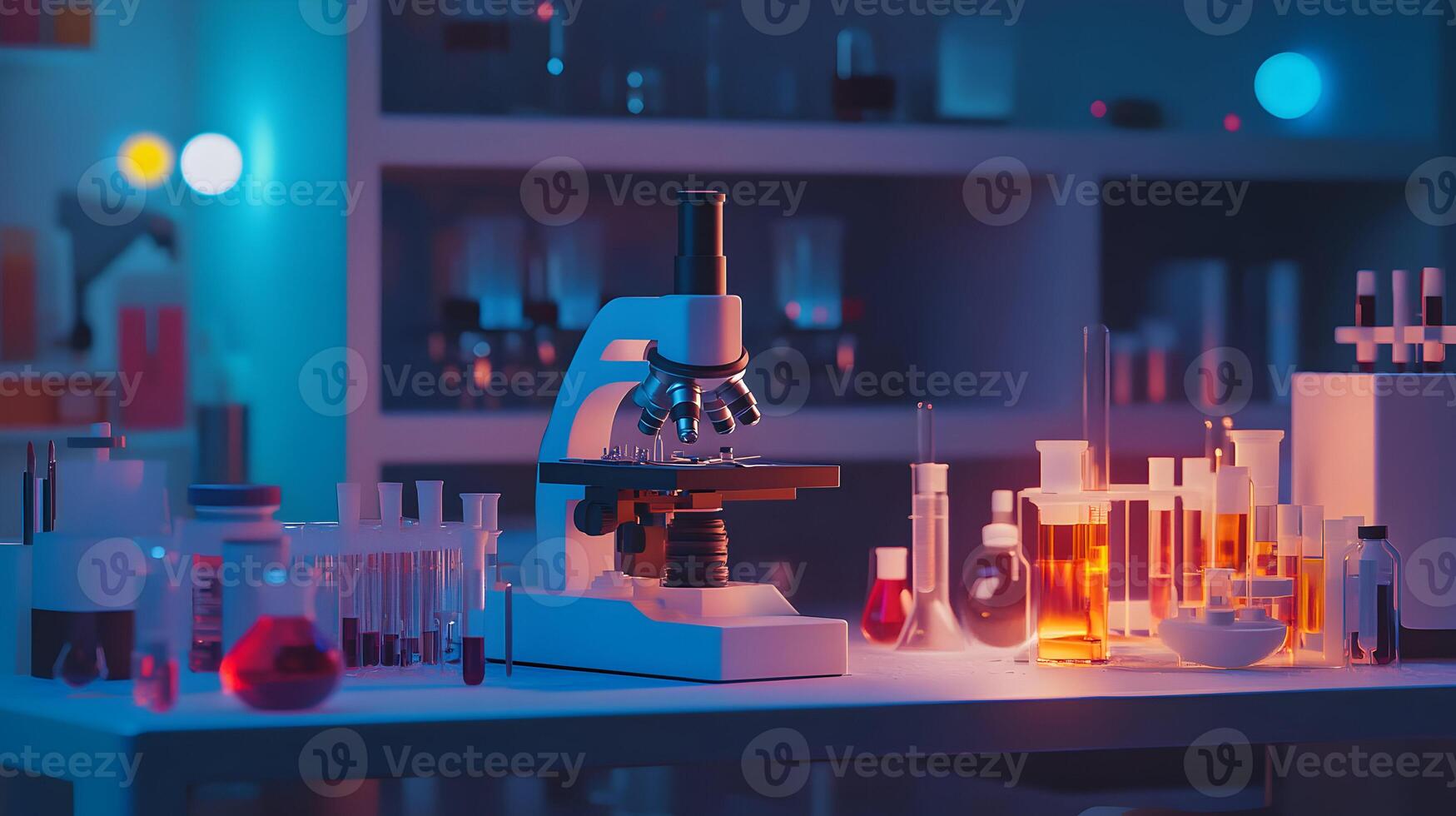 Intriguing lab scenery with a microscope amidst glowing tubes, reflecting research ambiance photo