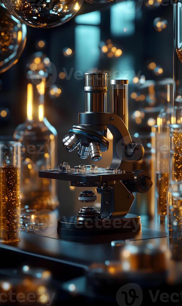 Sophisticated microscope standing amidst laboratory glassware, illuminated ambiance inside lab photo