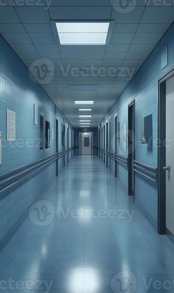Diminishing perspective of sterile corridor, featuring sleek architecture and a calming atmosphere. photo