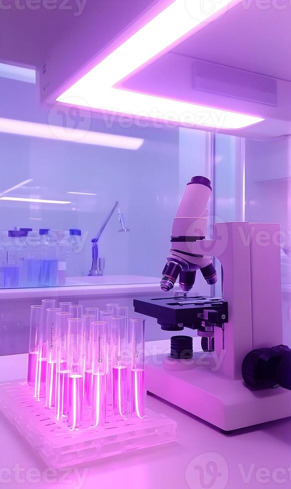 Innovative Biomedical Research Environment with Microscope, Test Tubes, Pink Hue and Workspace photo