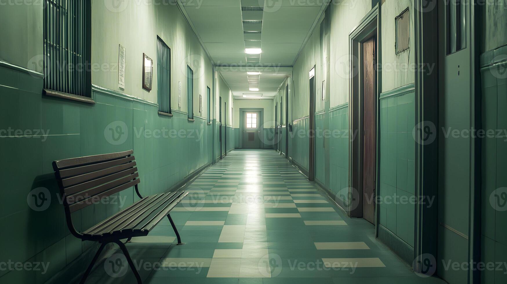 Eerie and Dimly Lit Hallway Interior with Vintage Tiles and an Isolated Bench photo