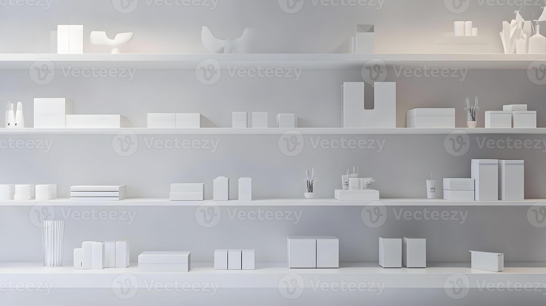 Minimalist display a series of elegantly arranged all white objects on tiered shelves photo