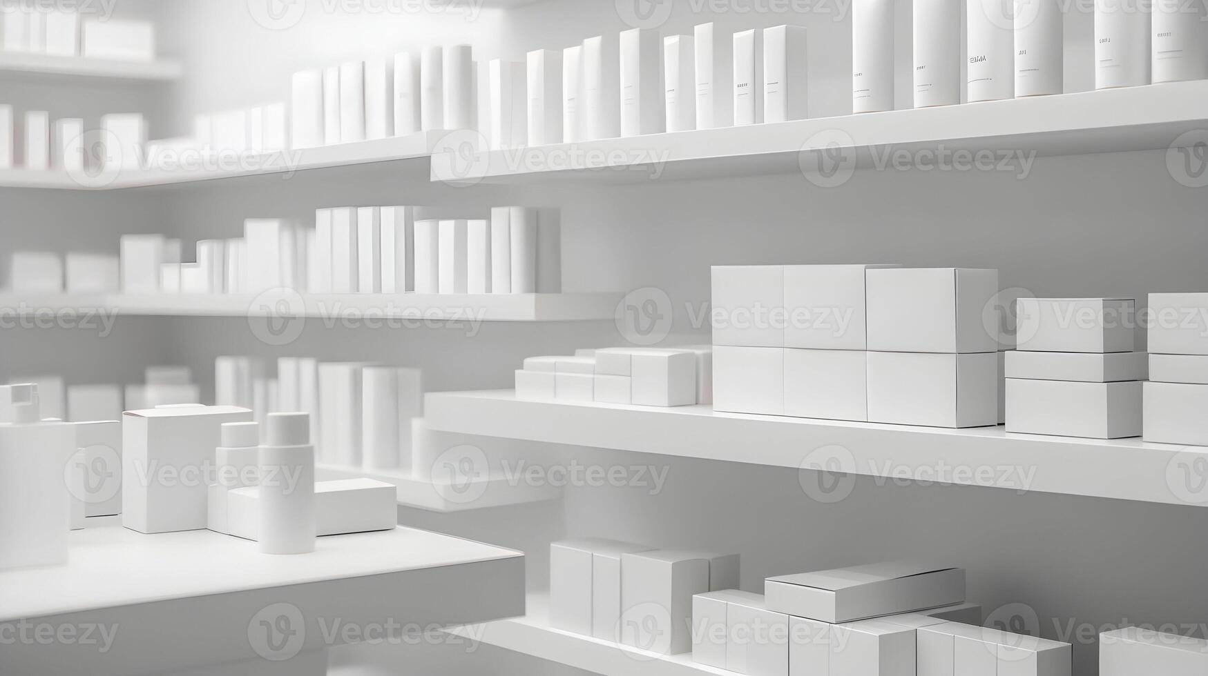 Clean and organized shelves filled with minimalist products in a bright white setting photo