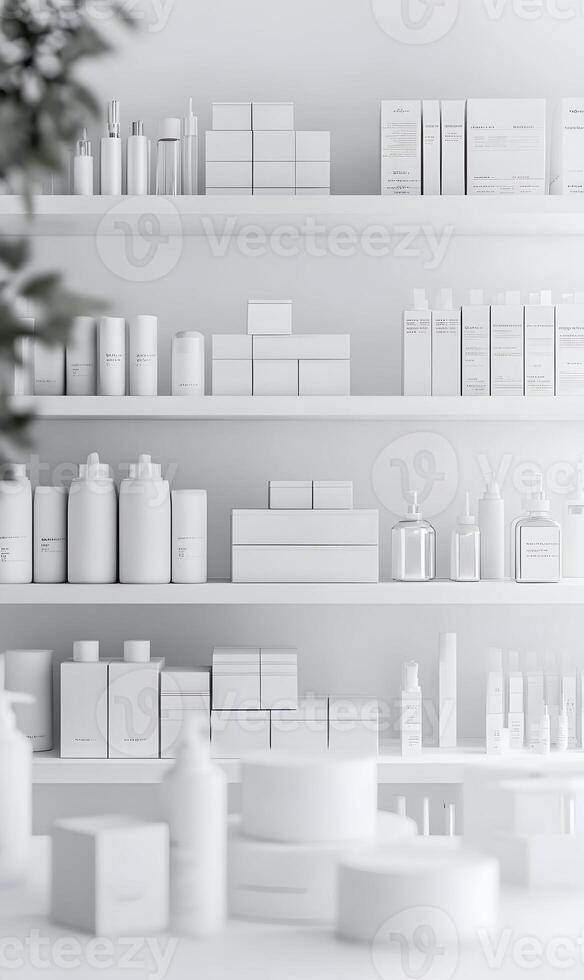 Elegant array of minimalist cosmetic product displays on clean, modern shelving units photo