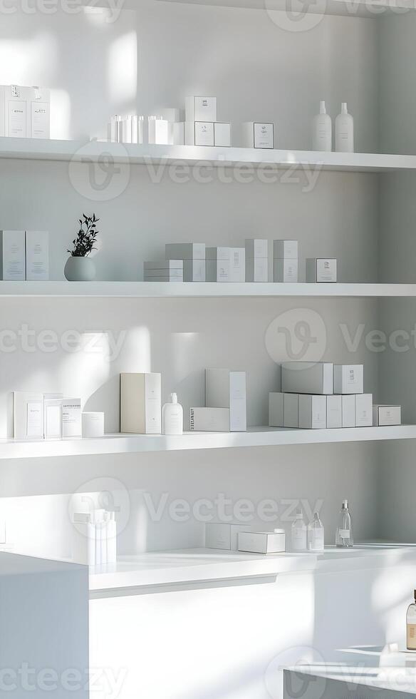 Minimalist display showcases elegant cosmetic products against shelving, embodying a serene ambiance photo