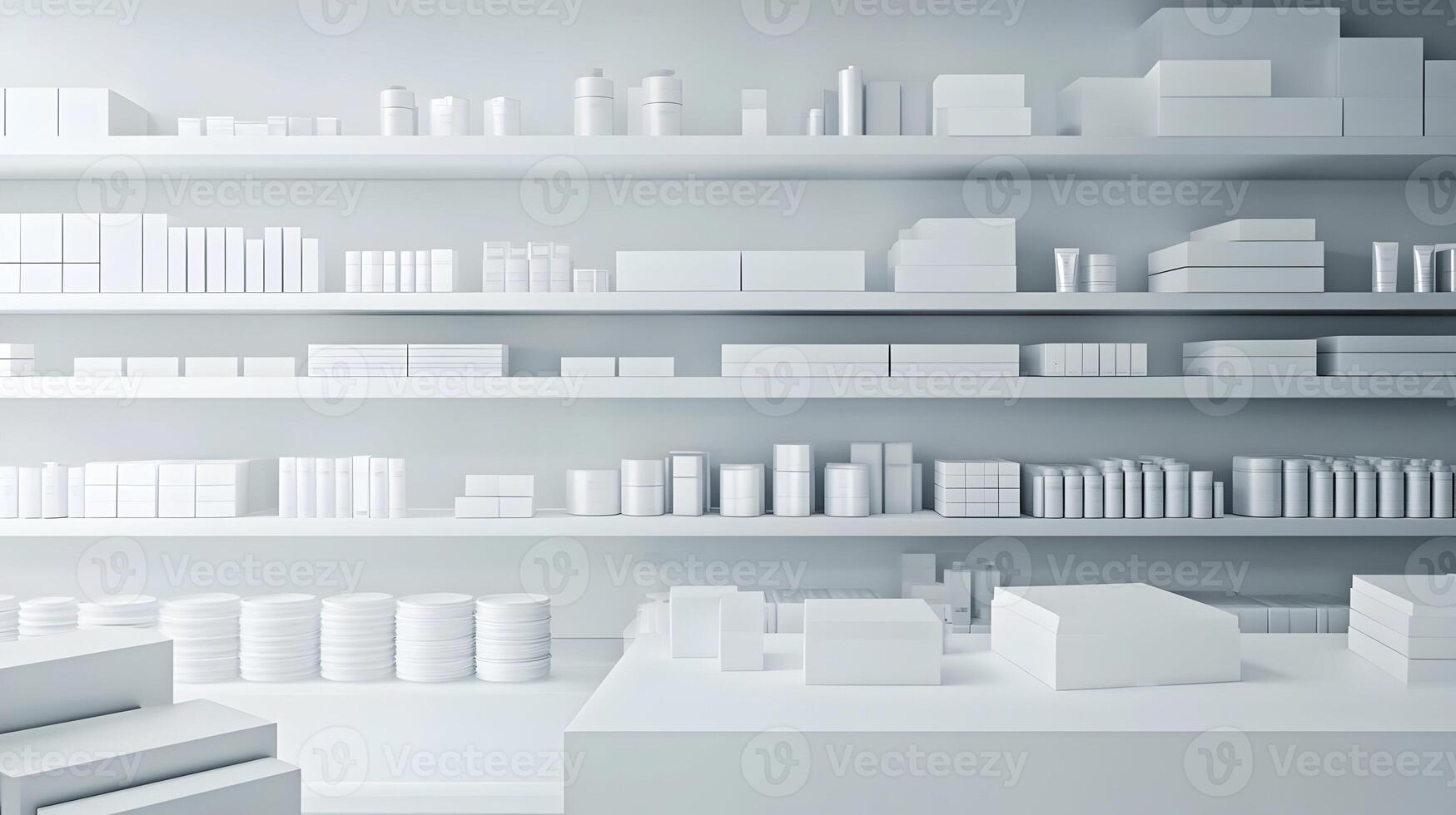 Monochromatic display showcasing generic packaging on shelves, clean aesthetic and retail appeal photo