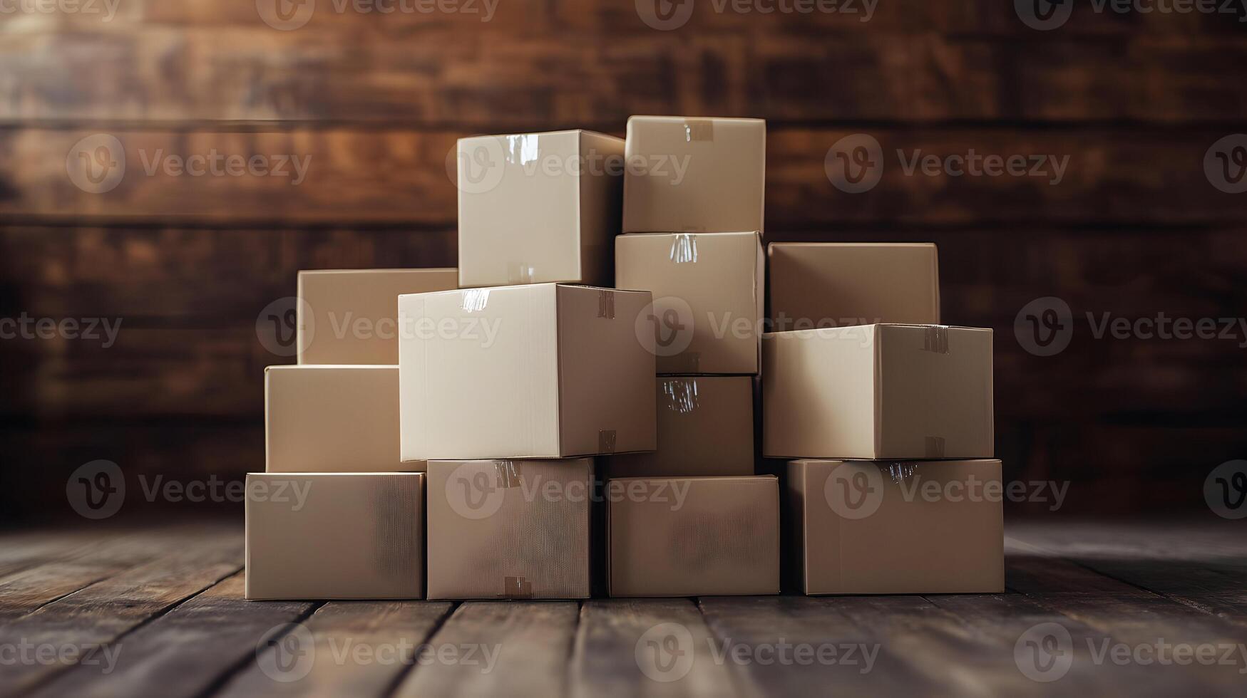 Stacked cardboard boxes against wooden backdrop create a sense of storage and delivery. photo
