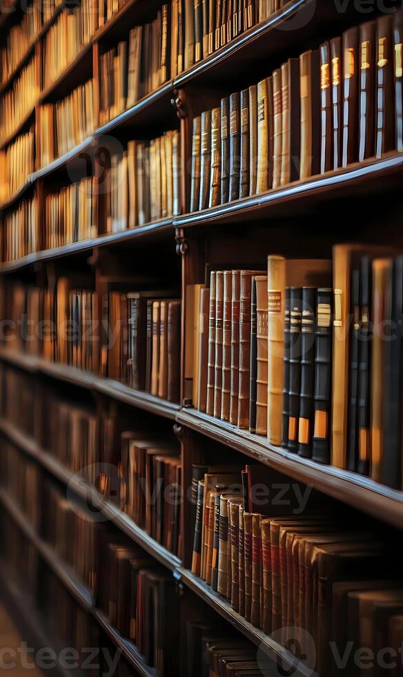 Collection of Classic Bound Books Displayed on an Antique Library Bookshelves Background photo
